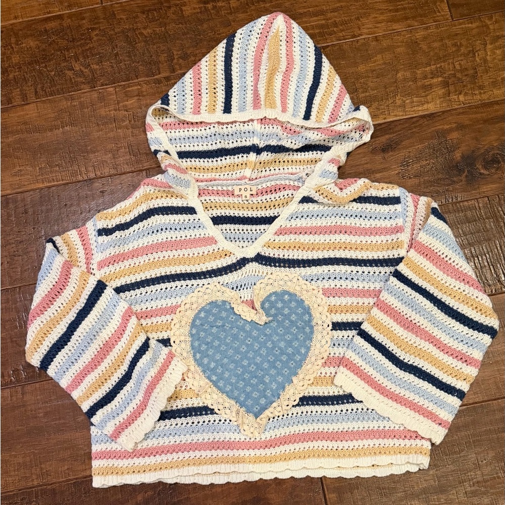 POL Striped Open-Knit V-Neck Sweater in Navy, Pink, Yellow, Cream